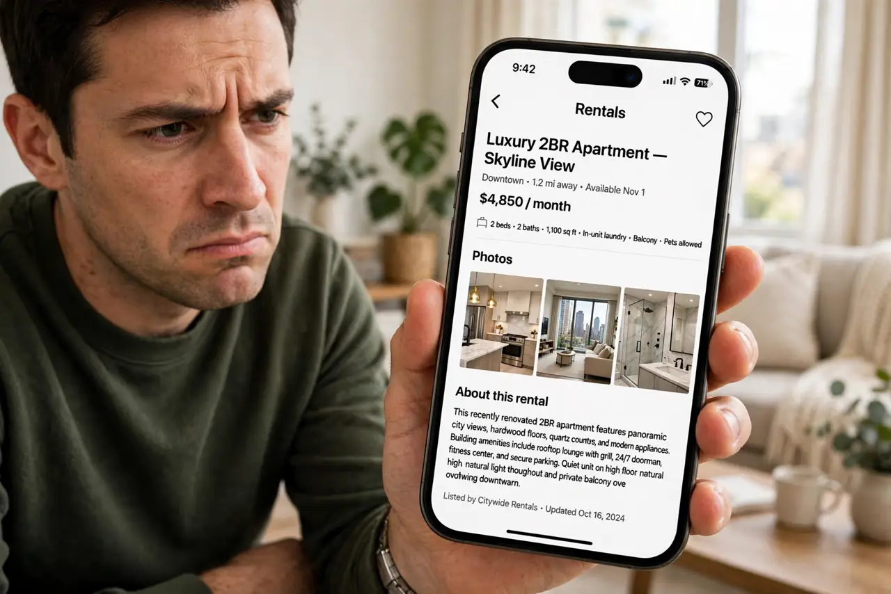 A person looking skeptical at a real phone showing a rental listing with luxury apartment photos legible, the person's face doubtful, living room.