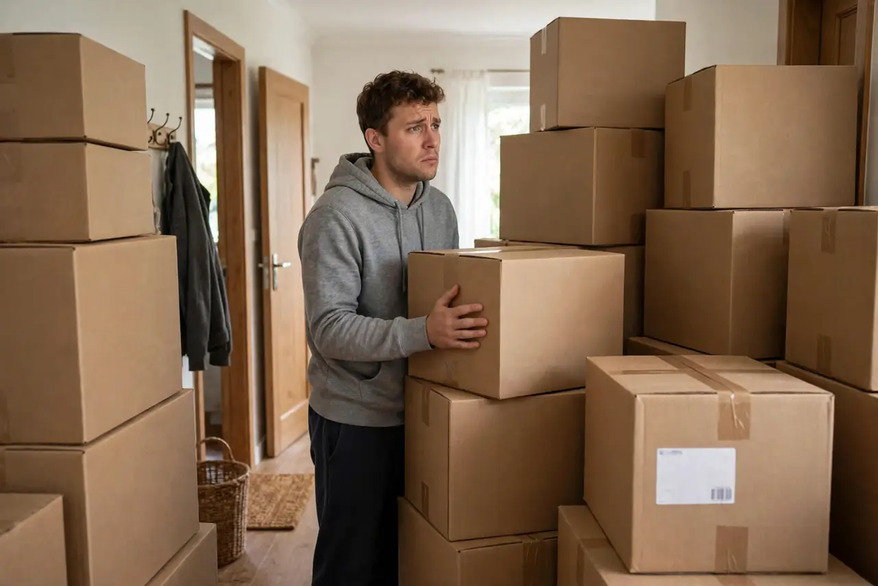 A person in a home hallway surrounded by stacked cardboard parcels looking uncertain, a shipping label visible but generic, the person's face uneasy, home interior.