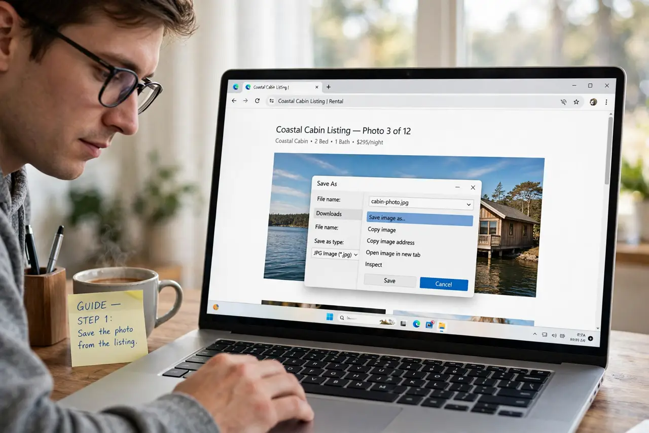 A person doing the guide's first step: Save the photo from the listing.