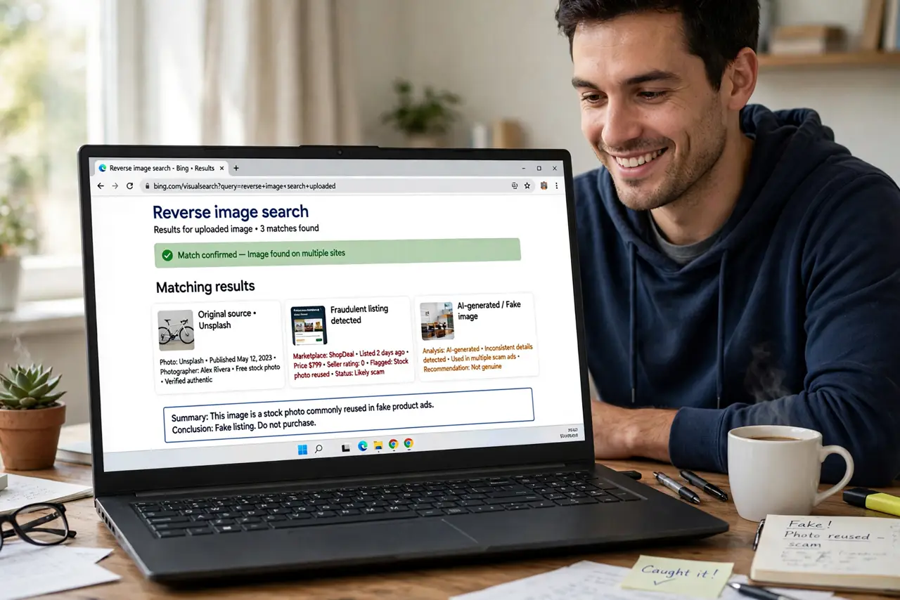 A person at a real laptop showing a legible reverse image search results page with matching photos, the person's face satisfied at catching a fake, home desk.