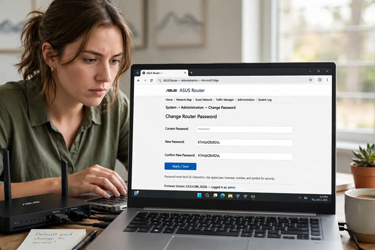 A person logging into a real router admin page on a real laptop, changing the default password field with legible text, the person's face serious and careful.