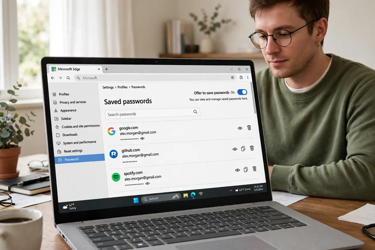 Photoreal photo of a person performing the first step: See what the browser saved. Chrome, Edge, Firefox, Safari -- all have a Passwords section in Se