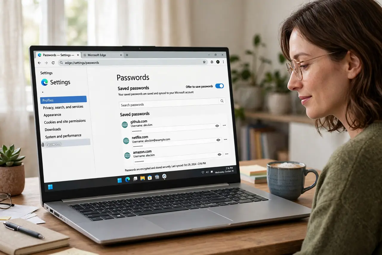 Photoreal photo: a person reviewing real browser settings showing a legible saved-passwords list with hidden password dots, the person's face calm and focused, home desk. No black screen, no blank white screen, no fake or garbled scre