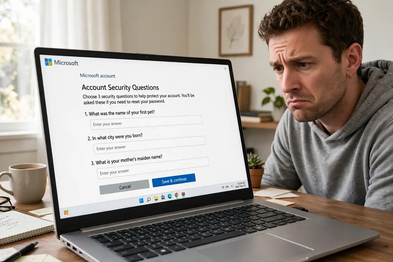 A skeptical person at a desk with a real laptop showing account security questions with legible text on screen, the person's face doubtful, home office.