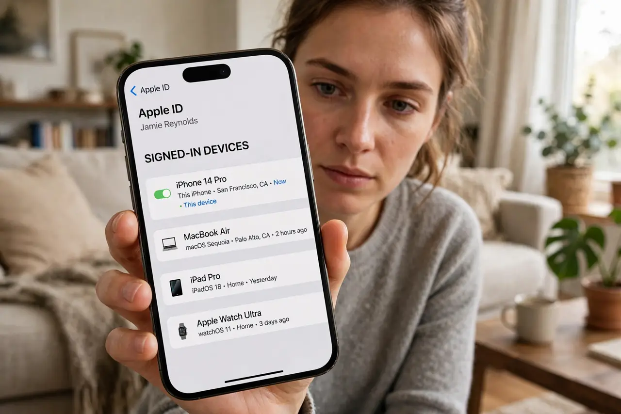 A person holding a real iPhone showing an account's signed-in devices list with legible device names on screen, the person's face focused, living room.
