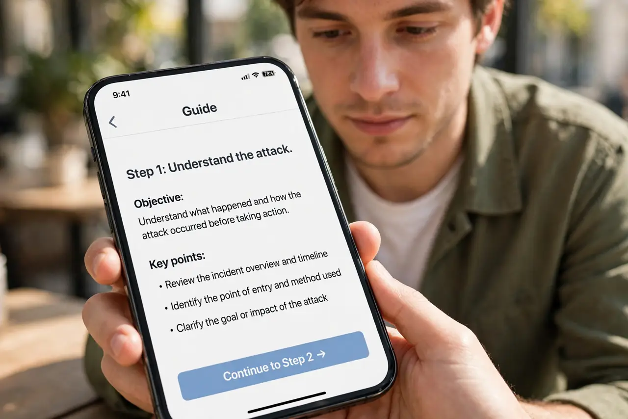 A person doing the guide's first step: Understand the attack.