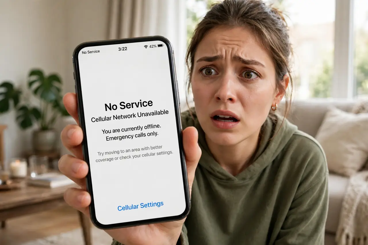 A worried person holding a real iPhone showing 'No Service' in the status bar with legible text on screen, the person's face alarmed, living room.