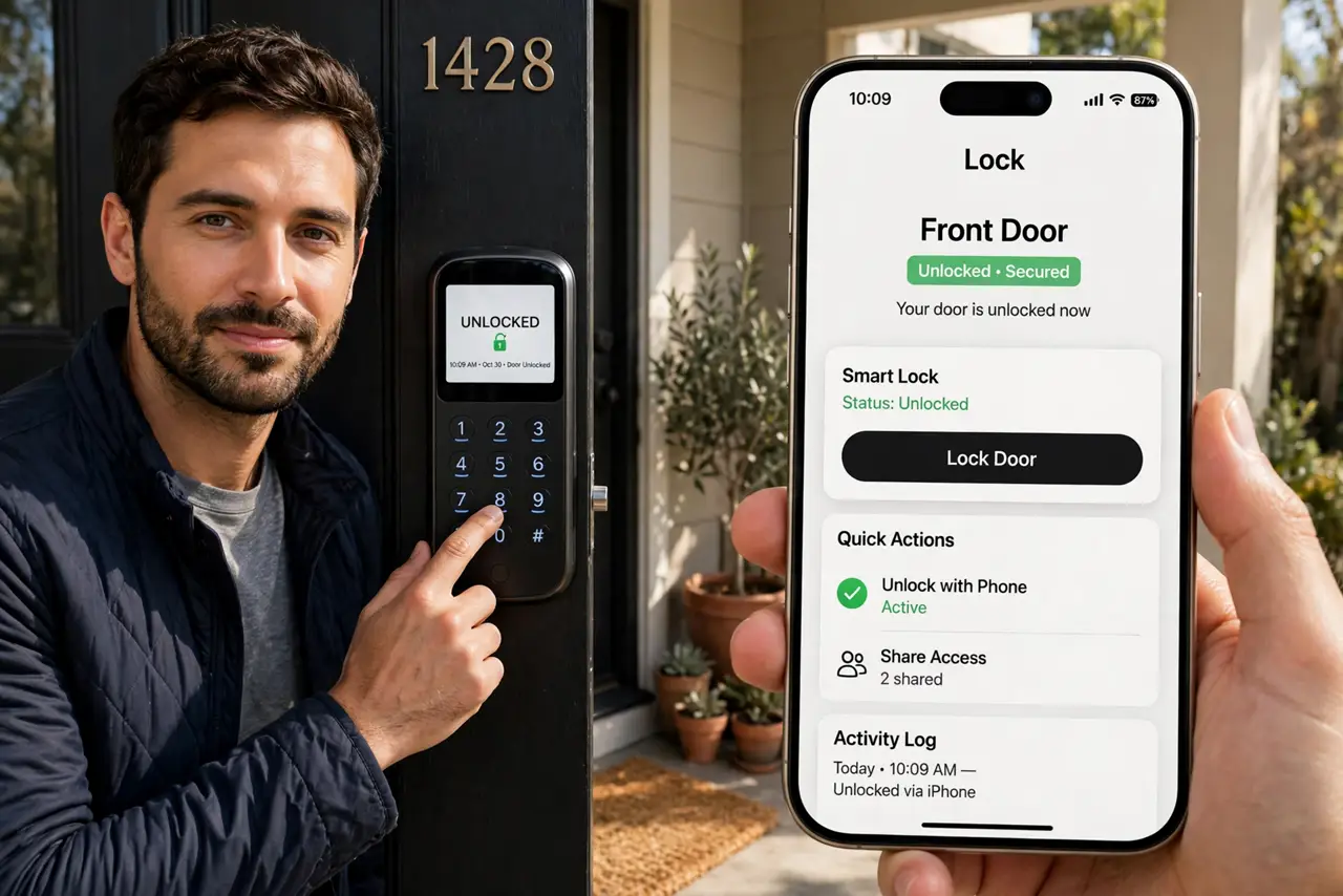 A person touching a smart lock keypad on a front door, the lock's display legible, a phone with the lock app in their other hand, face calm and confident,…