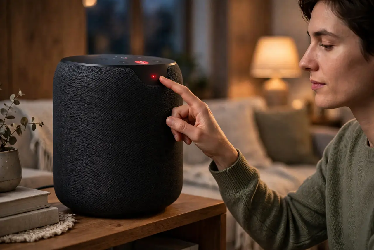 A person pressing the real physical mute button on a smart speaker on a living room shelf, the mute light glowing, the person's face calm, evening.