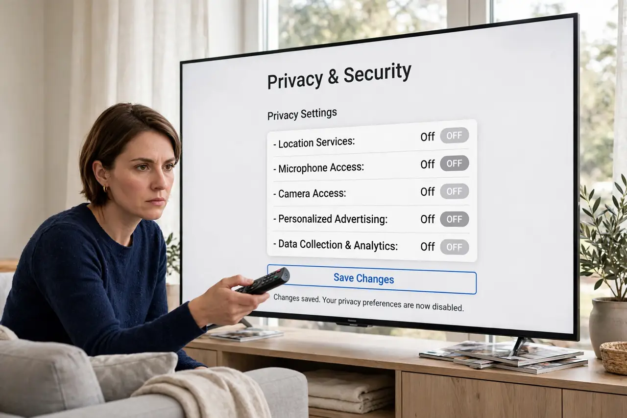 A person adjusting privacy settings on a real smart TV, the settings menu with legible text on the big screen, remote in hand, the person's face serious and in…