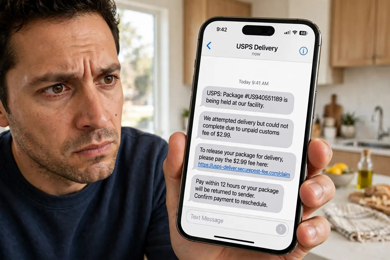 A person looking suspiciously at a real iPhone showing a scam text message about a held package with legible text, the phone screen large and readable, the…