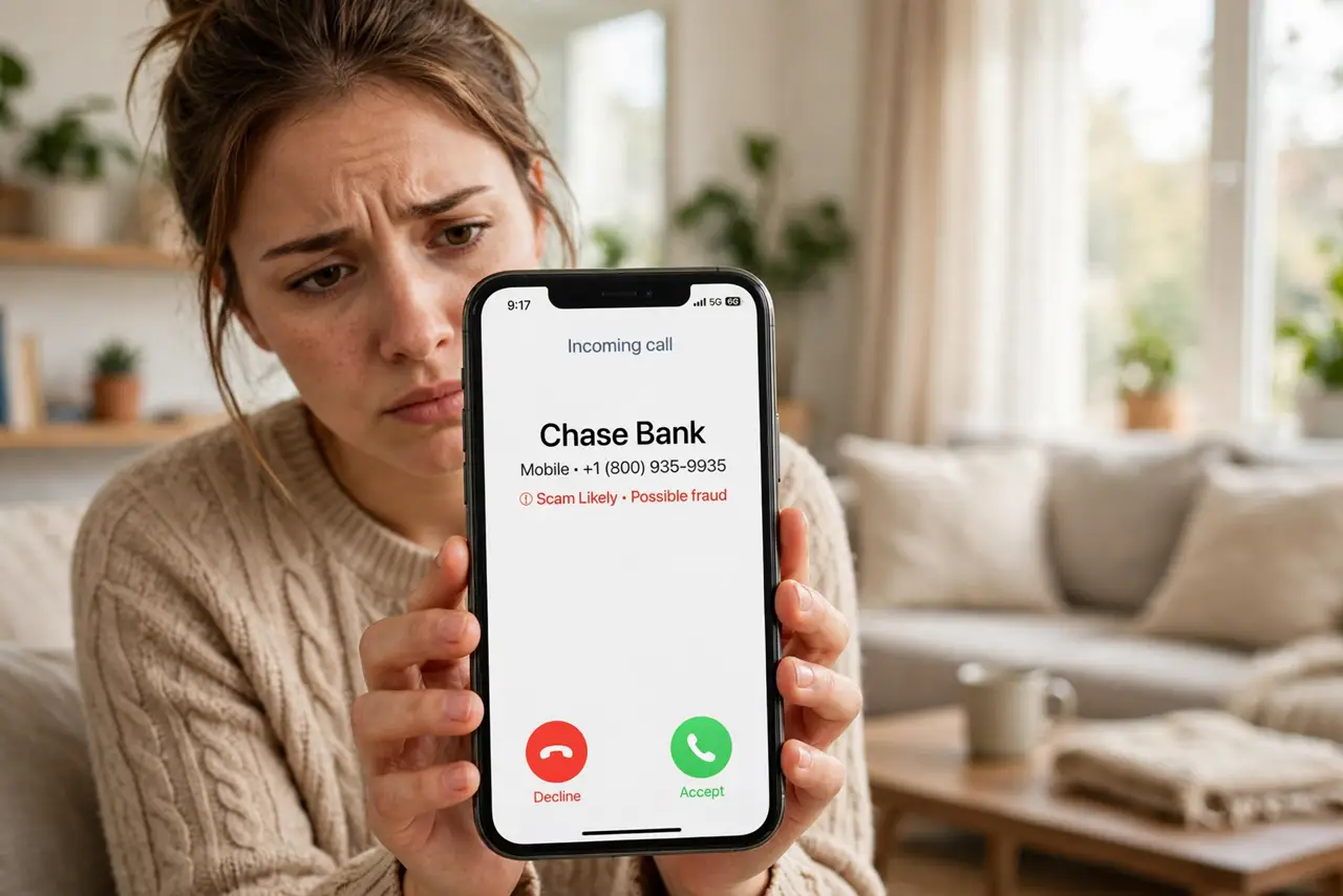 A cautious person holding a real iPhone showing an incoming call with a familiar bank name on screen, the person's face wary, living room.