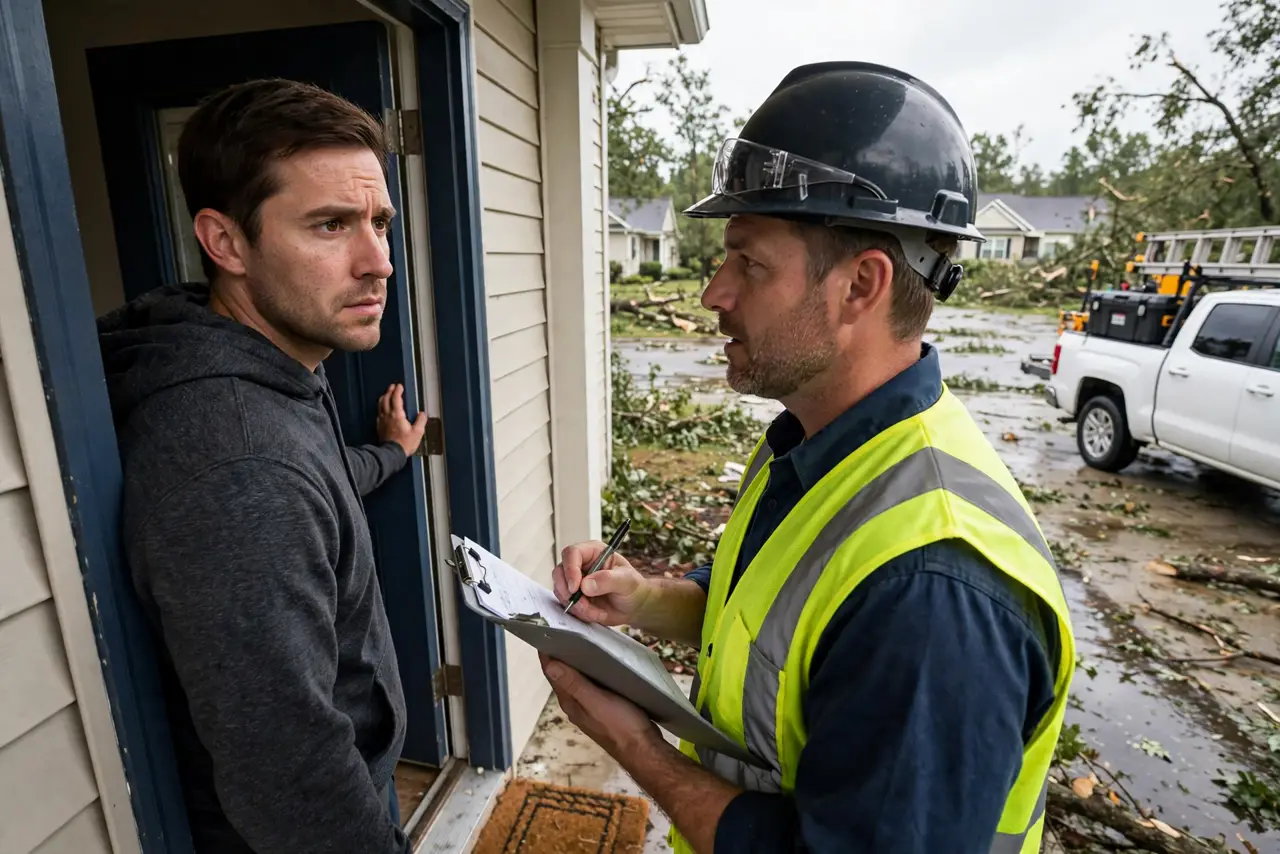 A homeowner at their front door talking to a contractor with an out-of-state truck visible in the driveway, the homeowner's face cautious, suburban street after a storm.