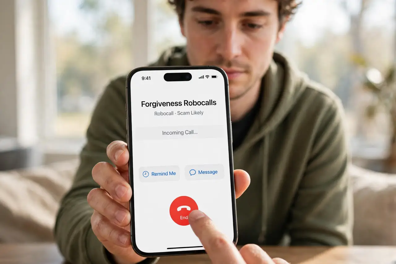 A person doing the guide's first step: Hang up on forgiveness robocalls.
