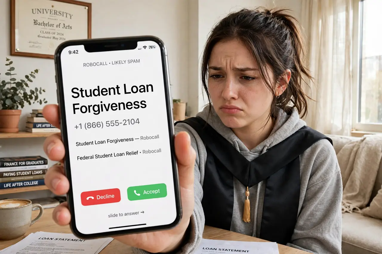 A young graduate holding a real iPhone showing a student loan forgiveness robocall with legible text on screen, the person's face skeptical, apartment interior.