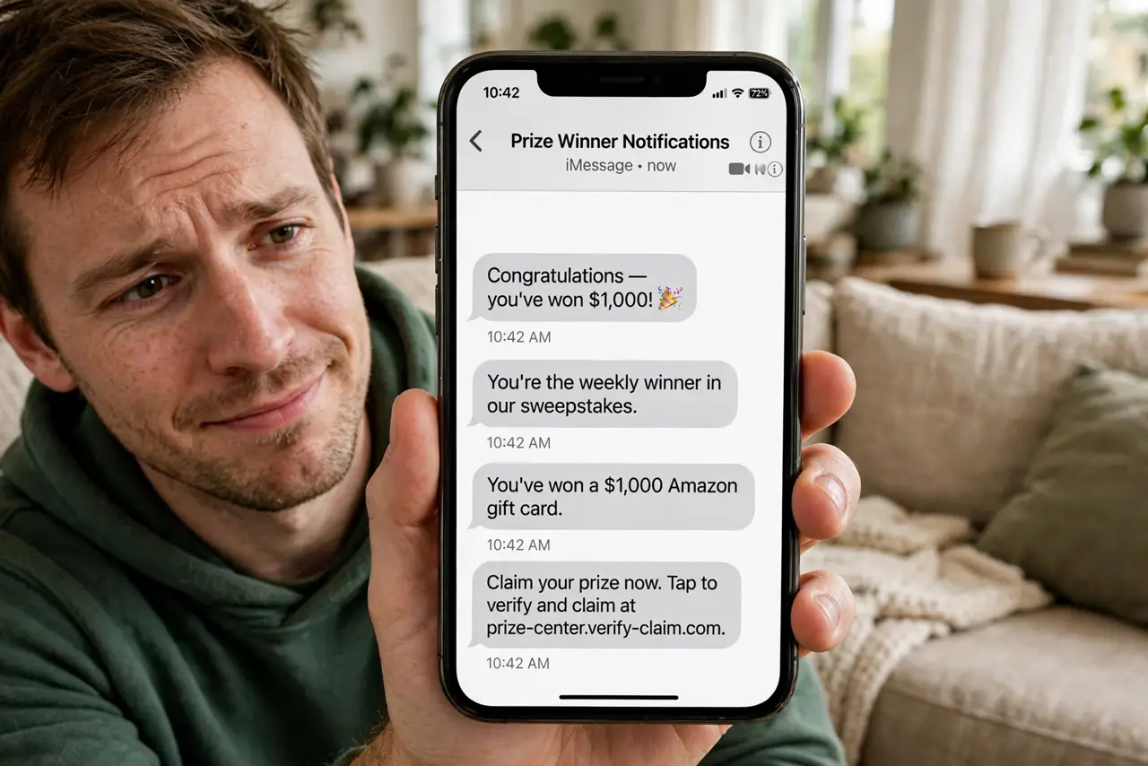 A person holding a real iPhone showing a legible text message claiming a prize win, the person's face skeptical and amused, living room couch.