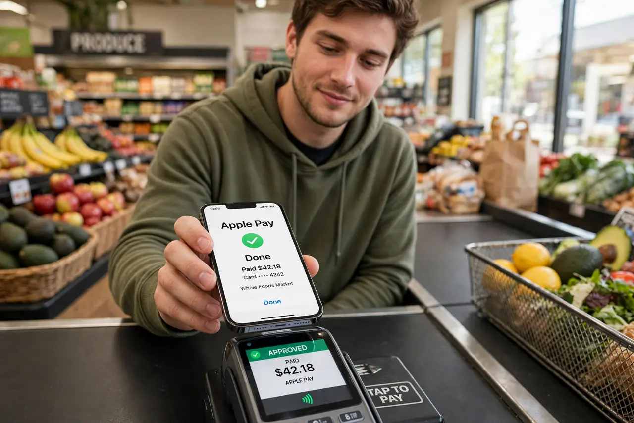 A person tapping a real iPhone on a real store payment terminal showing a legible checkmark confirmation, the person's face relaxed, grocery store checkout.