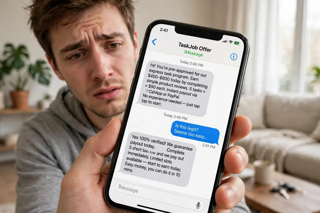 A person holding a real iPhone showing a task-scam job offer text promising easy money with legible text on screen, the person's face tempted but uneasy, living room.