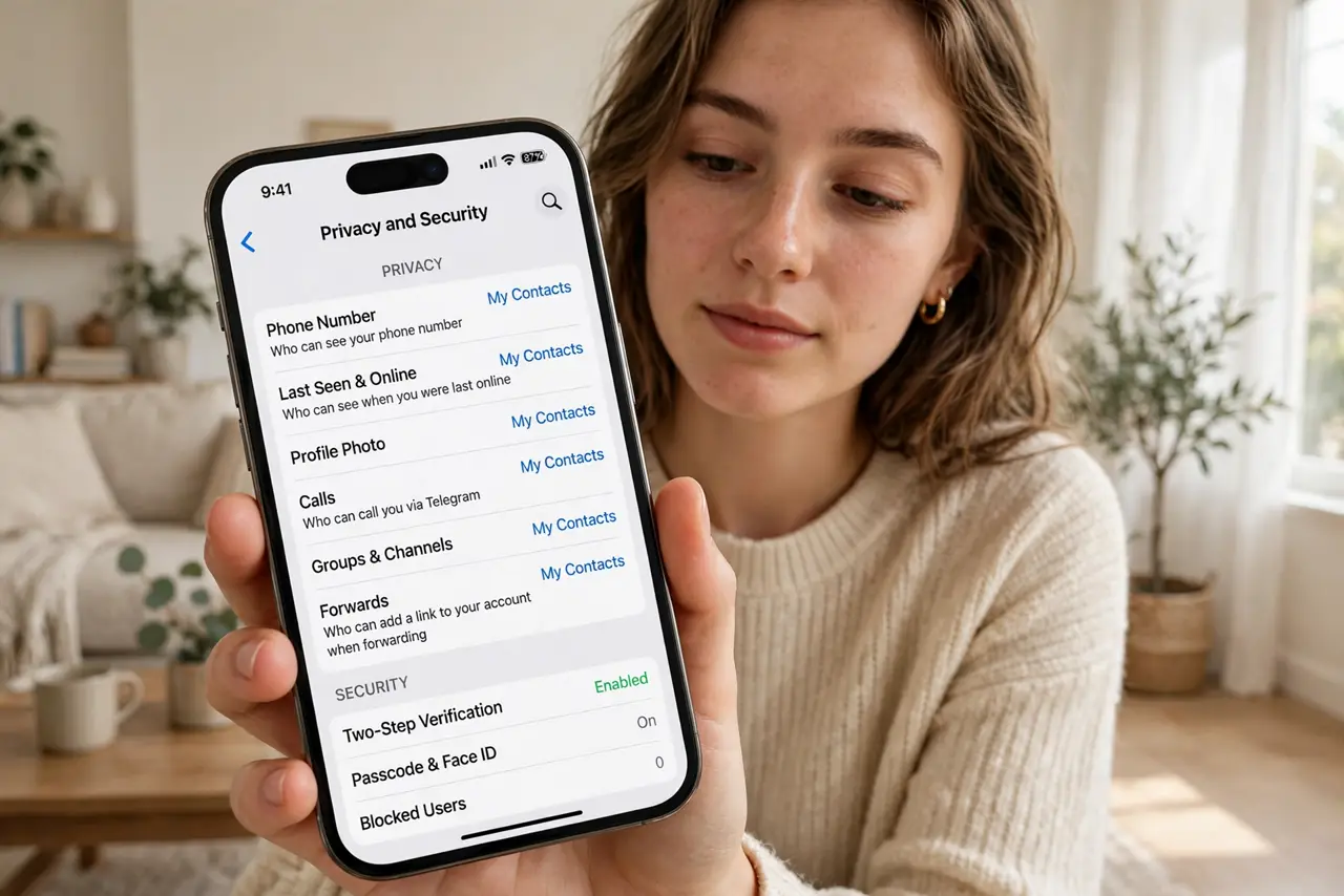A person holding a real iPhone showing Telegram privacy settings with legible menu text, the person's face calm and focused, bright living room.