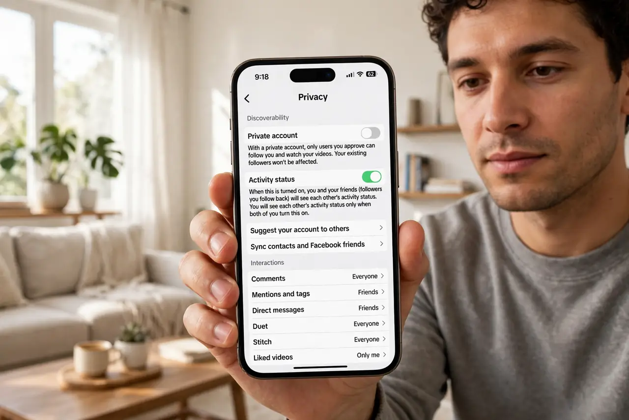 A person holding a real iPhone showing the TikTok privacy settings screen with legible menu text, the person's face calm and focused, bright living room.