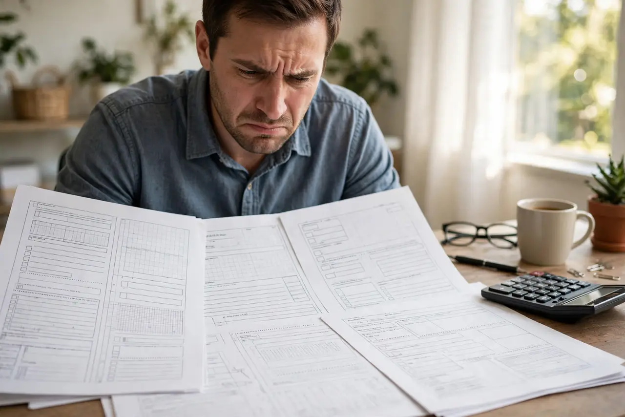 A person at a real desk looking at printed timeshare contract papers with a calculator nearby, the person's face frustrated, home office.