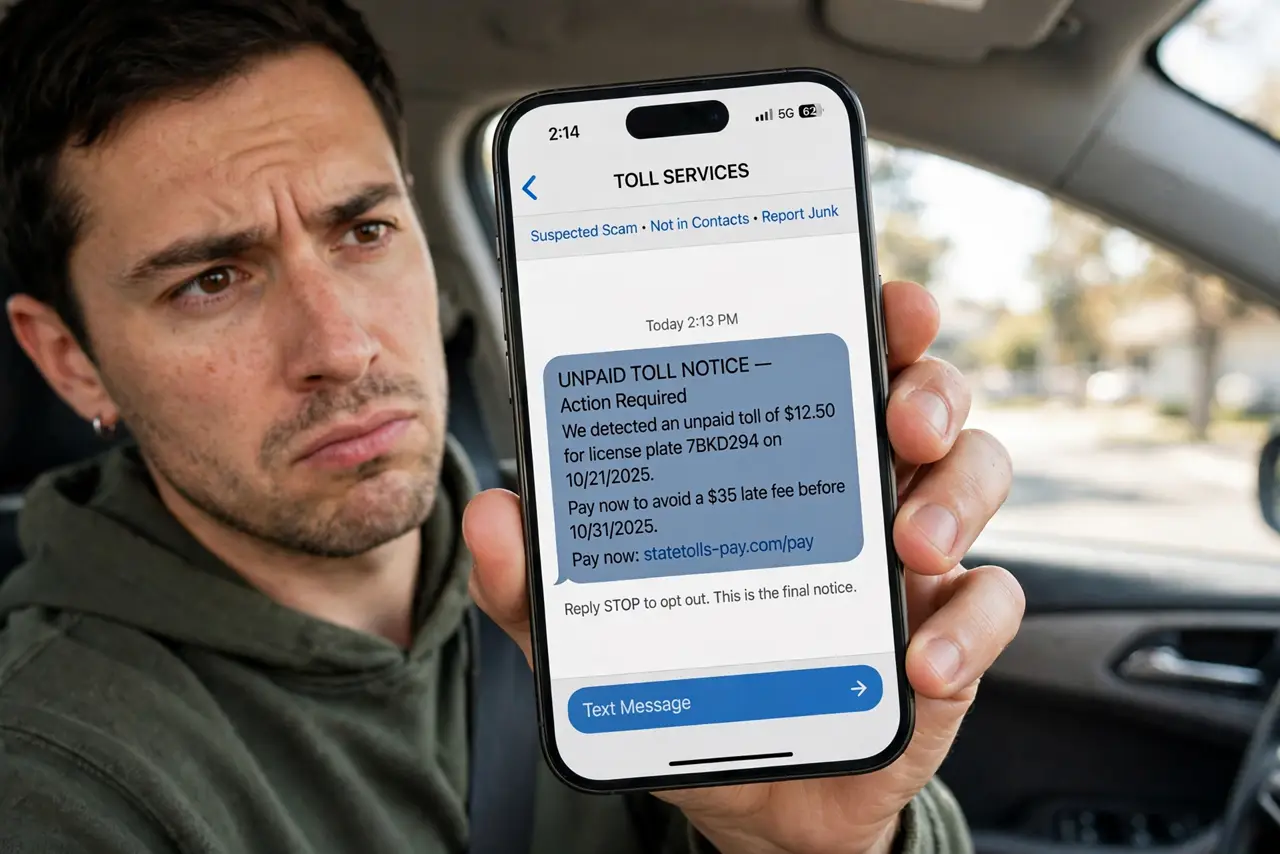 A person holding a real iPhone showing a suspicious unpaid-toll text message with legible text on screen, the person's face skeptical, car interior.
