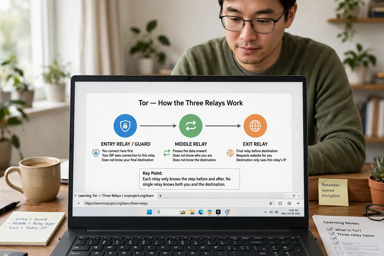 Photoreal photo of a person performing the first step: Understand the three relays. Your traffic bounces through entry, middle, and exit relays, each peeling one encryption layer. No single relay sees the ...