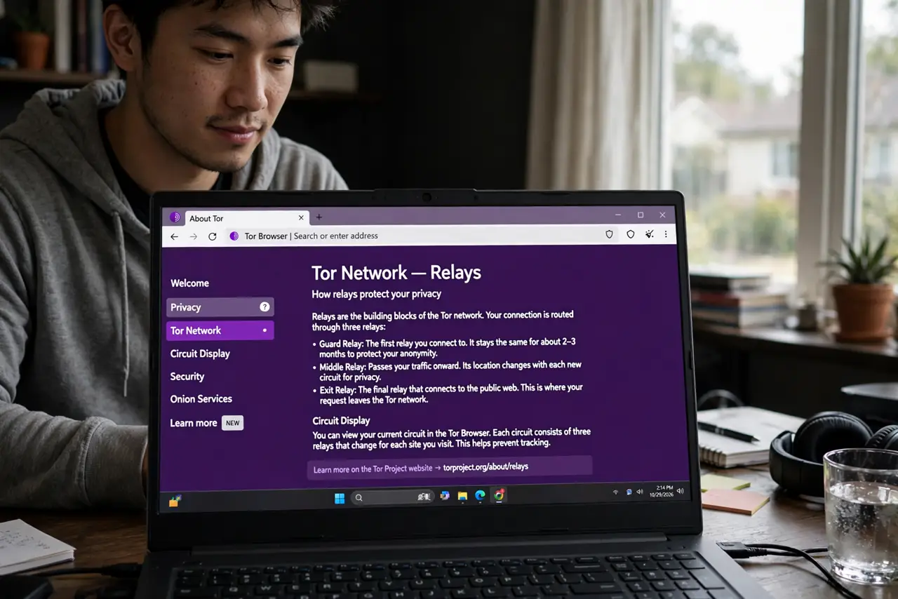 Photoreal photo: a person reading a real laptop screen showing the Tor Browser start page with legible text about relays, the person's face serious and focused, dim home office. No black screen, no blank white screen, no