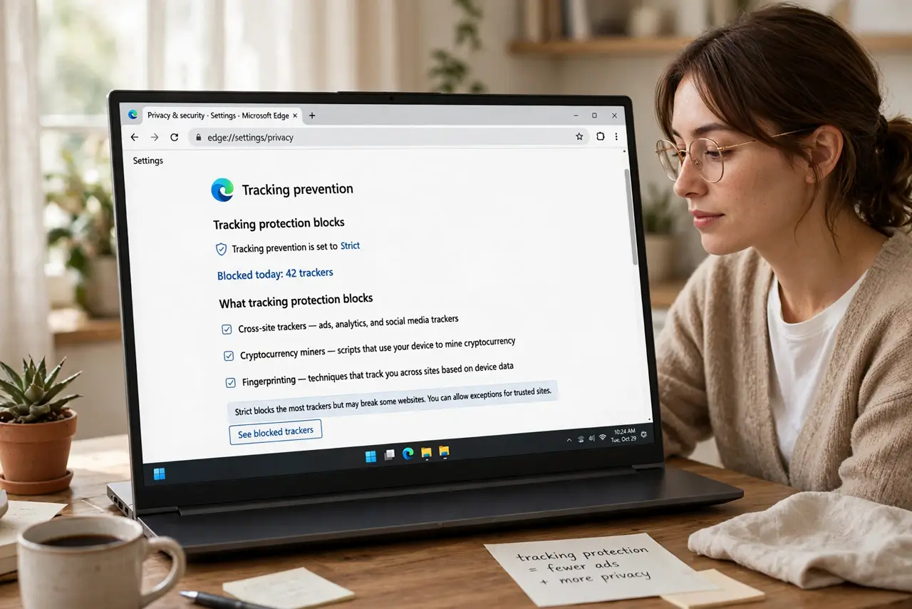 Photoreal photo of a person performing the first step: Understand what tracking protection blocks. Browsers block third-party trackers — scripts from 