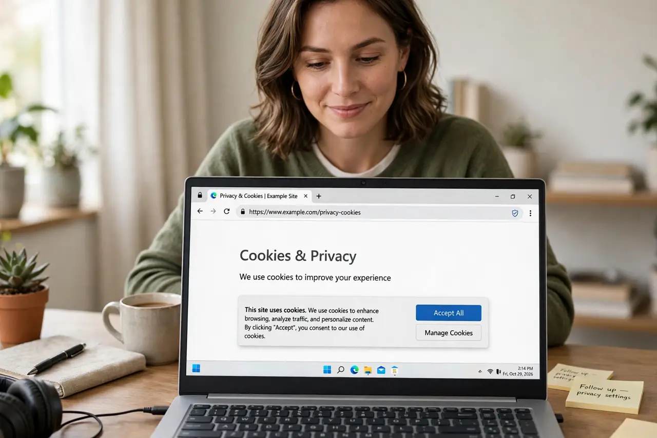 Photoreal photo: a person browsing on a real laptop showing a real browser with a tracking-protection shield icon in the address bar and a cookie notice on screen, all text legible, the person's face calm and in control, home desk. No