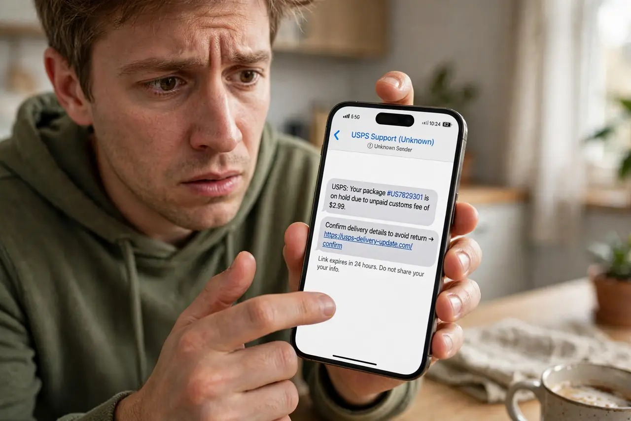 A worried person holding a real iPhone showing a suspicious text message with a link, the person's thumb hovering but not tapping, face cautious, home setting.