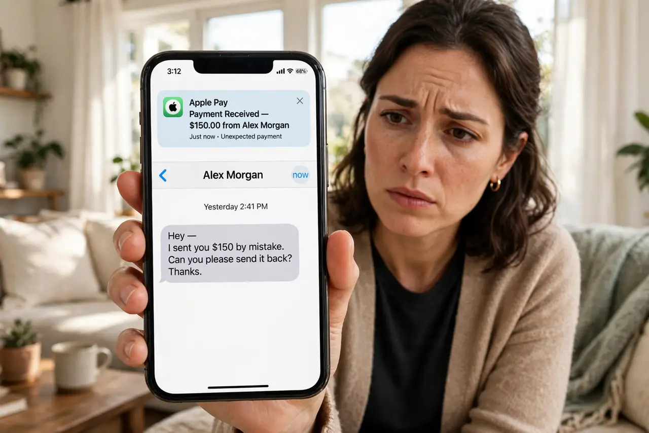 A cautious person holding a real iPhone showing an unexpected payment notification and a message asking for it back, both with legible text, the person's face wary, living room.