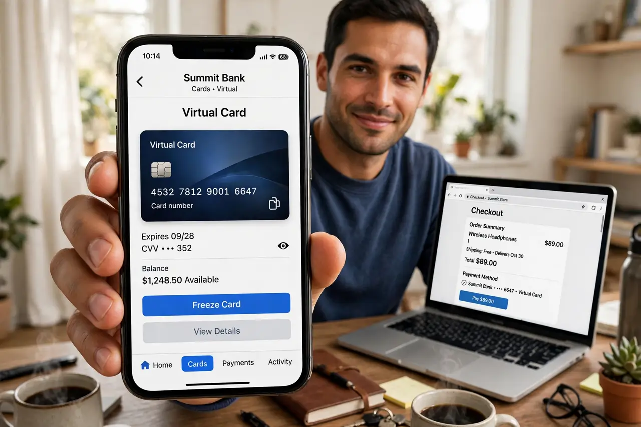 A person holding a real iPhone showing a legible banking app screen with a virtual card number displayed, a laptop with a checkout page beside it, the person's face confident, home desk.