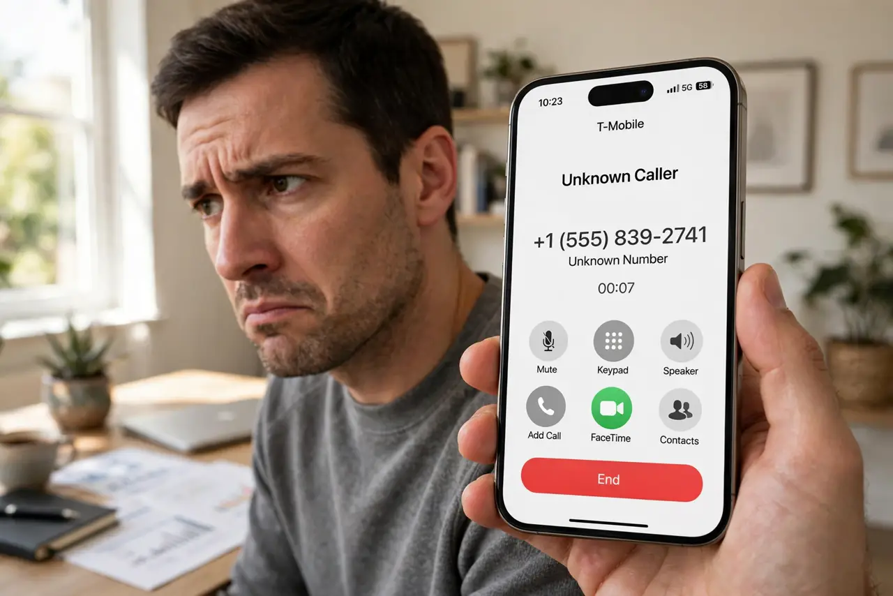 A person looking wary while holding a real iPhone to their ear, the call screen showing an unknown number legible, the person's face skeptical, home office.
