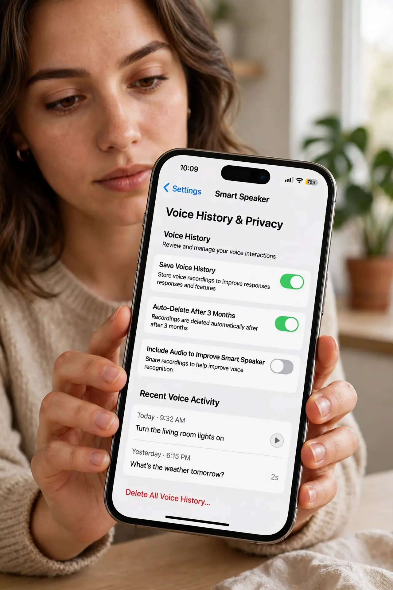 A person reviewing voice history settings in a real smart speaker app on a real phone, the privacy toggles with legible text, the person's face thoughtful.