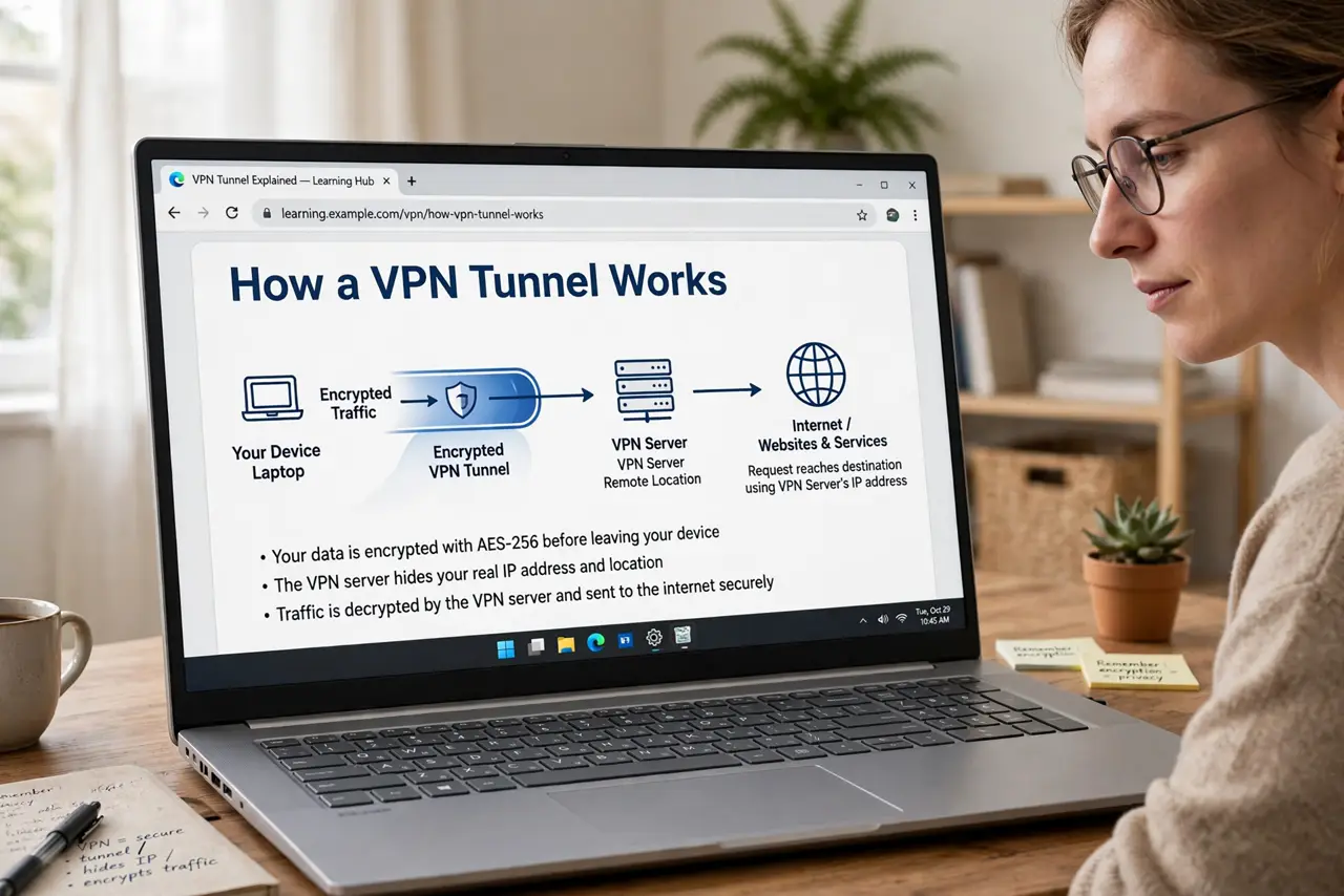 Photoreal photo of a person performing the first step: Understand the tunnel. Normally your internet provider sees every site you visit. A VPN wraps all your traffic in encryption and sends it to the VPN's...