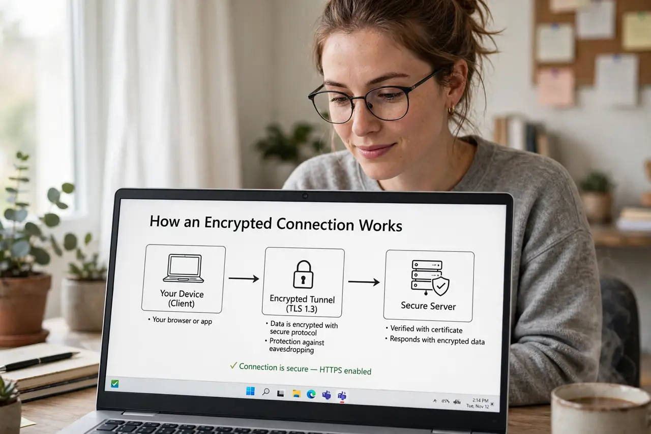 Photoreal photo: a person reading a real laptop screen showing a simple diagram of an encrypted connection with legible labels, the person's face thoughtful and learning, home office. No black screen, no blank white scre