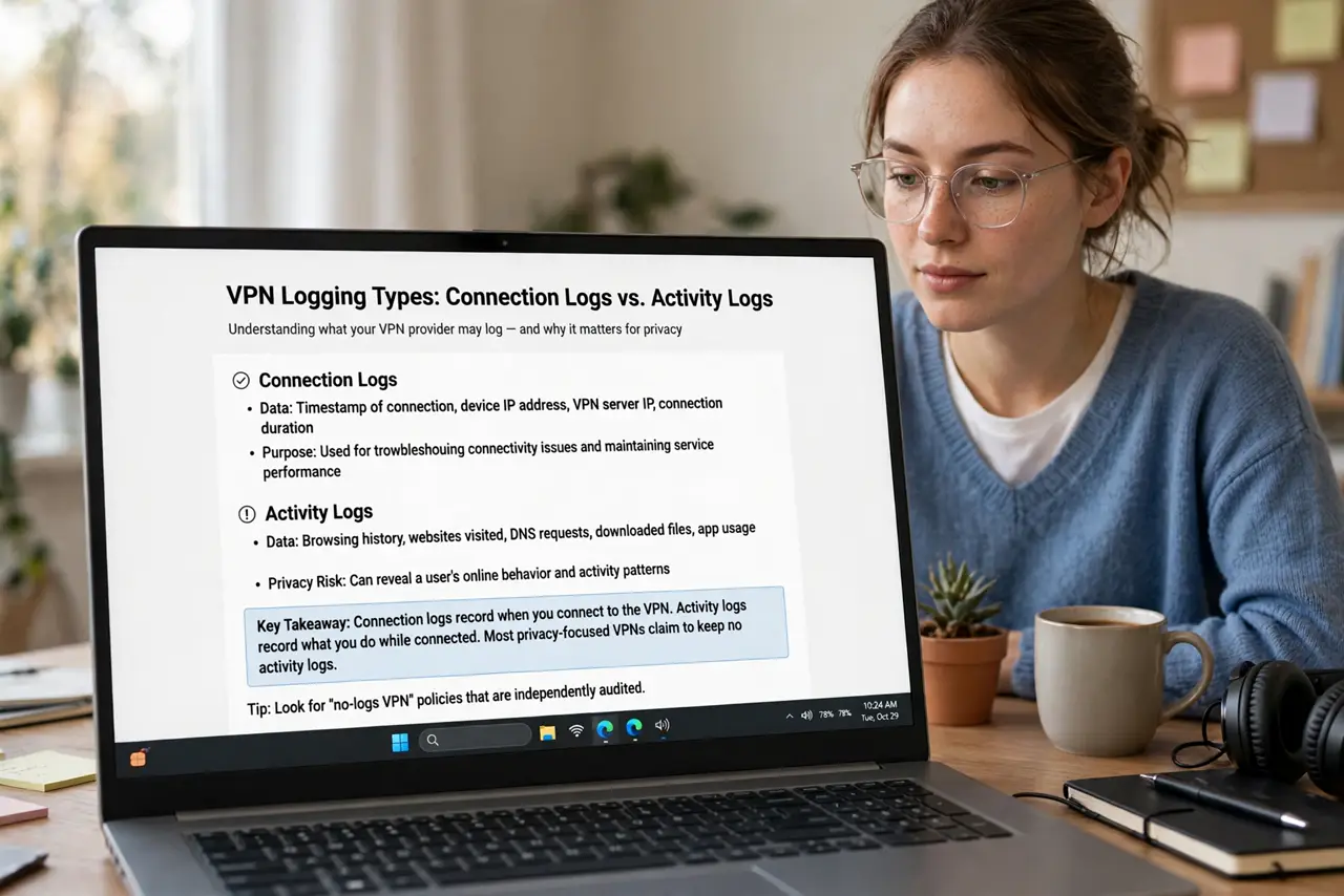 Photoreal photo of a person performing the first step: Learn what can be logged. Connection logs (when you connected, how much data) are common and mostly harmless. Activity logs (which sites you visited) ...