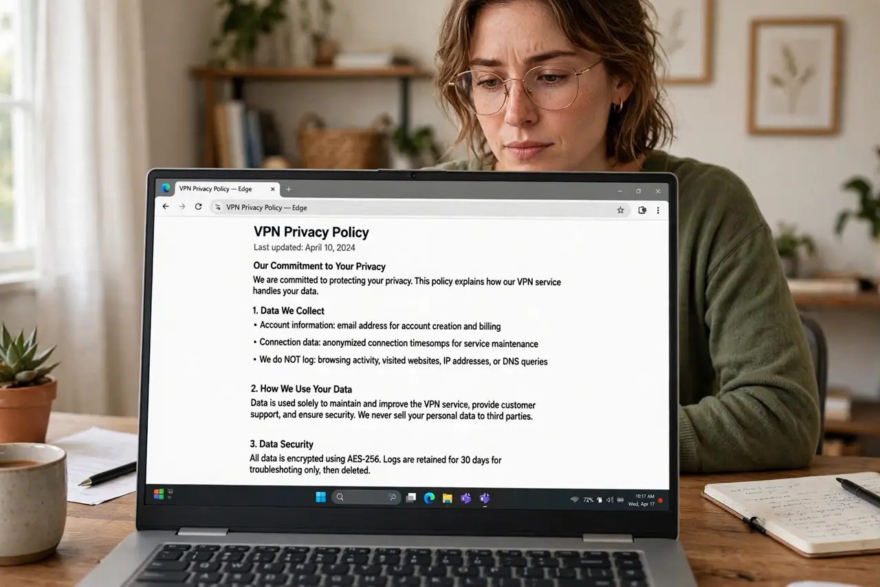 Photoreal photo: a person reading a real laptop screen showing a VPN privacy policy page with legible text, the person's face skeptical and careful, home office. No black screen, no blank white screen, no fake or garbled