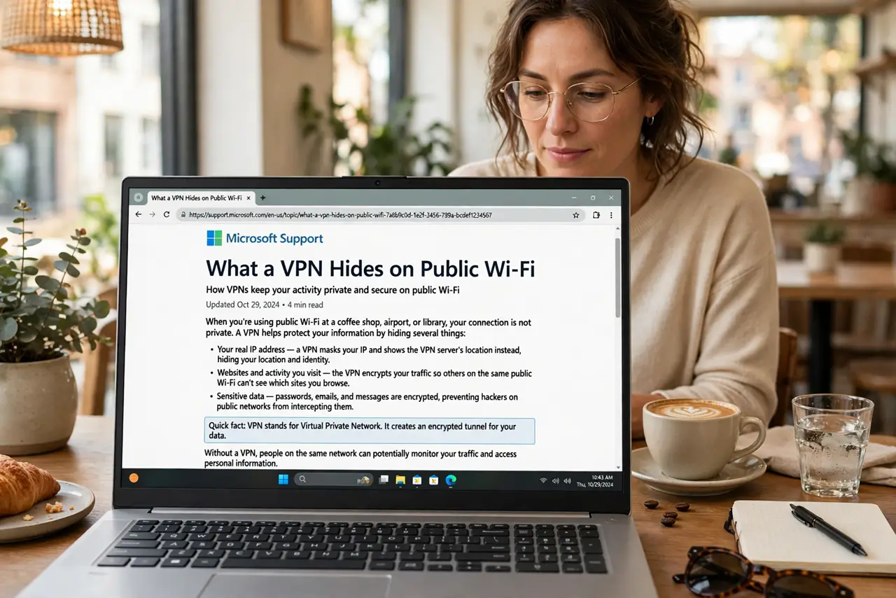 Photoreal photo of a person performing the first step: Understand what a VPN hides. On café Wi-Fi without a VPN, the network can see which sites you visit and intercept unencrypted traffic. A VPN encrypts ...