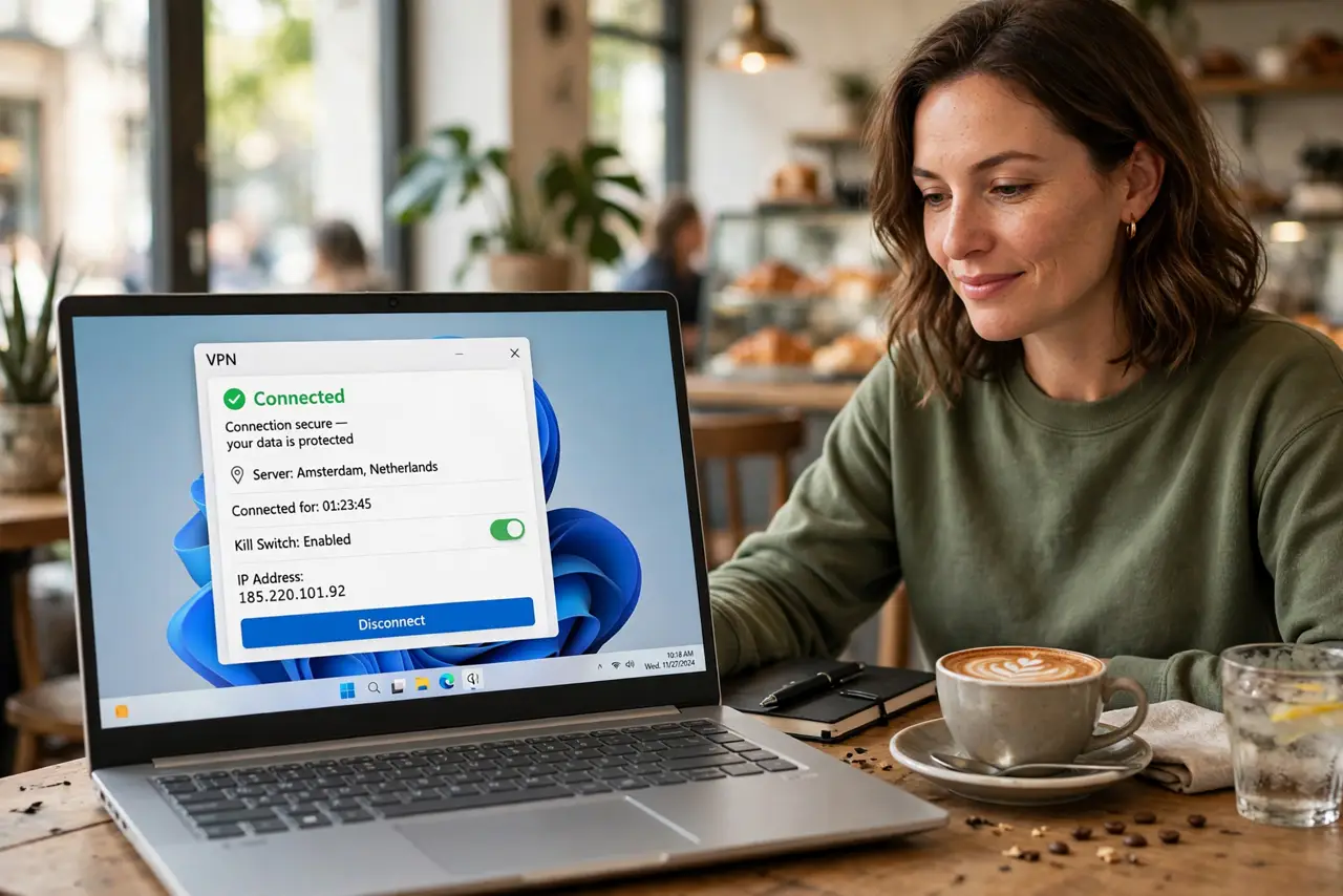 Photoreal photo: a person working on a real laptop at a café table, the screen showing a VPN app connected with a legible status indicator, coffee cup nearby, the person's face relaxed and confident, warm café light. No