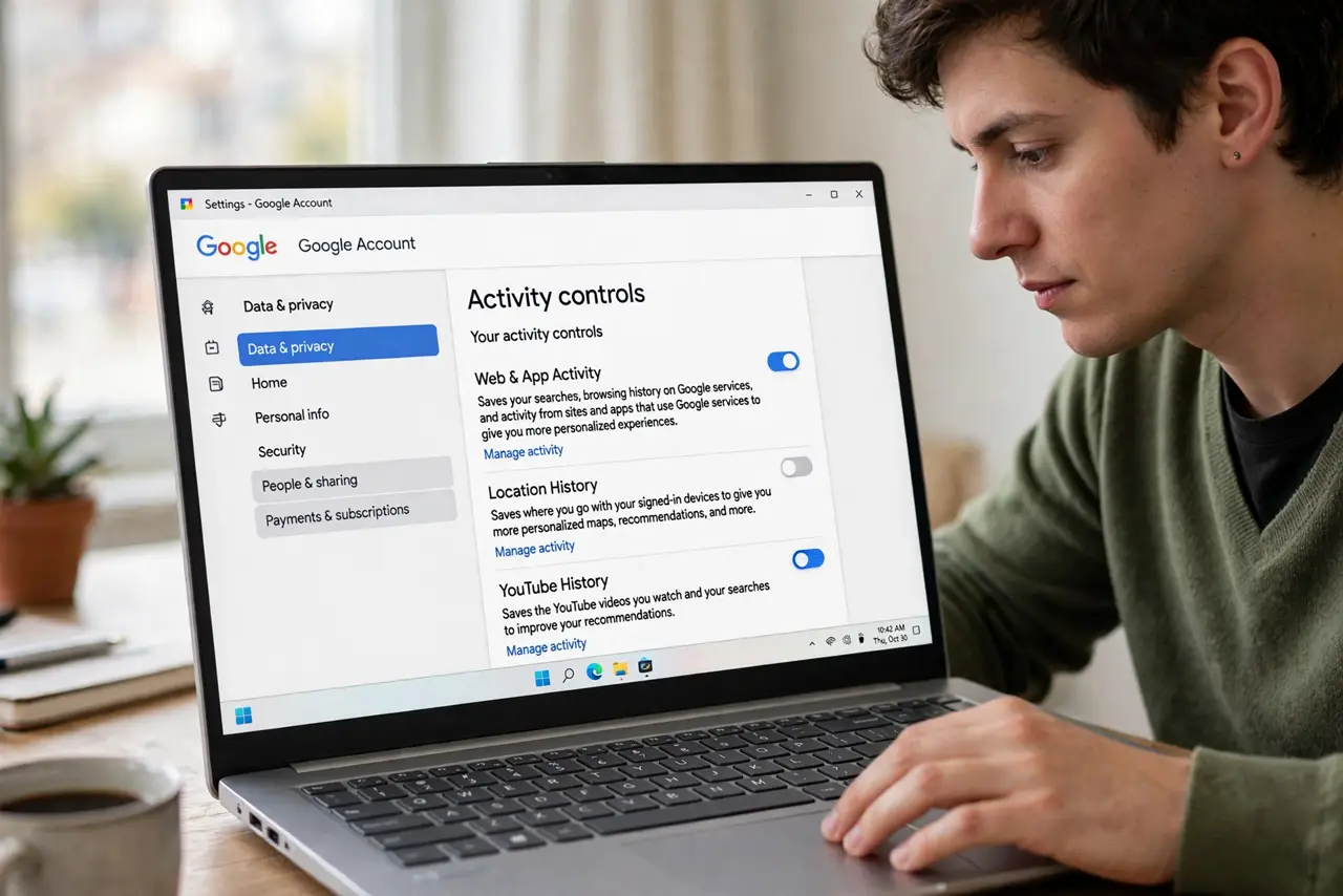 A person doing the guide's first step: Open your account's activity controls.