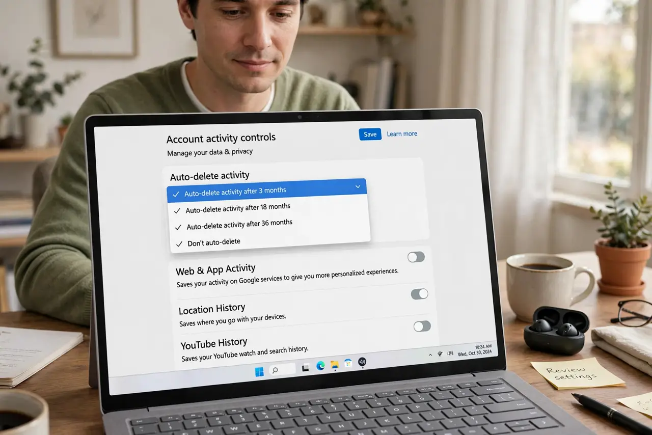 A person at a real laptop showing a legible account activity controls page with an auto-delete dropdown menu open, the person's face calm, home office.