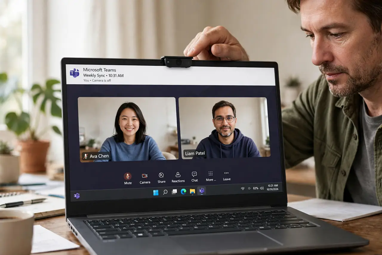 A person sliding a real thin webcam cover shutter closed over a real laptop camera, the laptop screen showing a legible video call app, the person's face practical, home office.