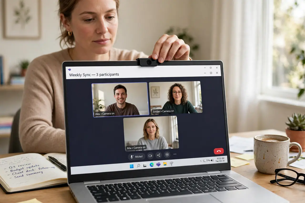 A person sliding a webcam cover over a laptop camera, the laptop on a desk with a video call window, face calm and matter-of-fact, home office.