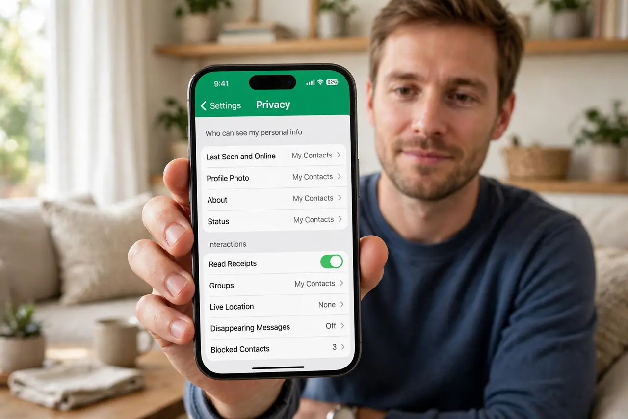 A person holding a real iPhone showing WhatsApp privacy settings with legible menu text, the person's face calm, cozy living room.
