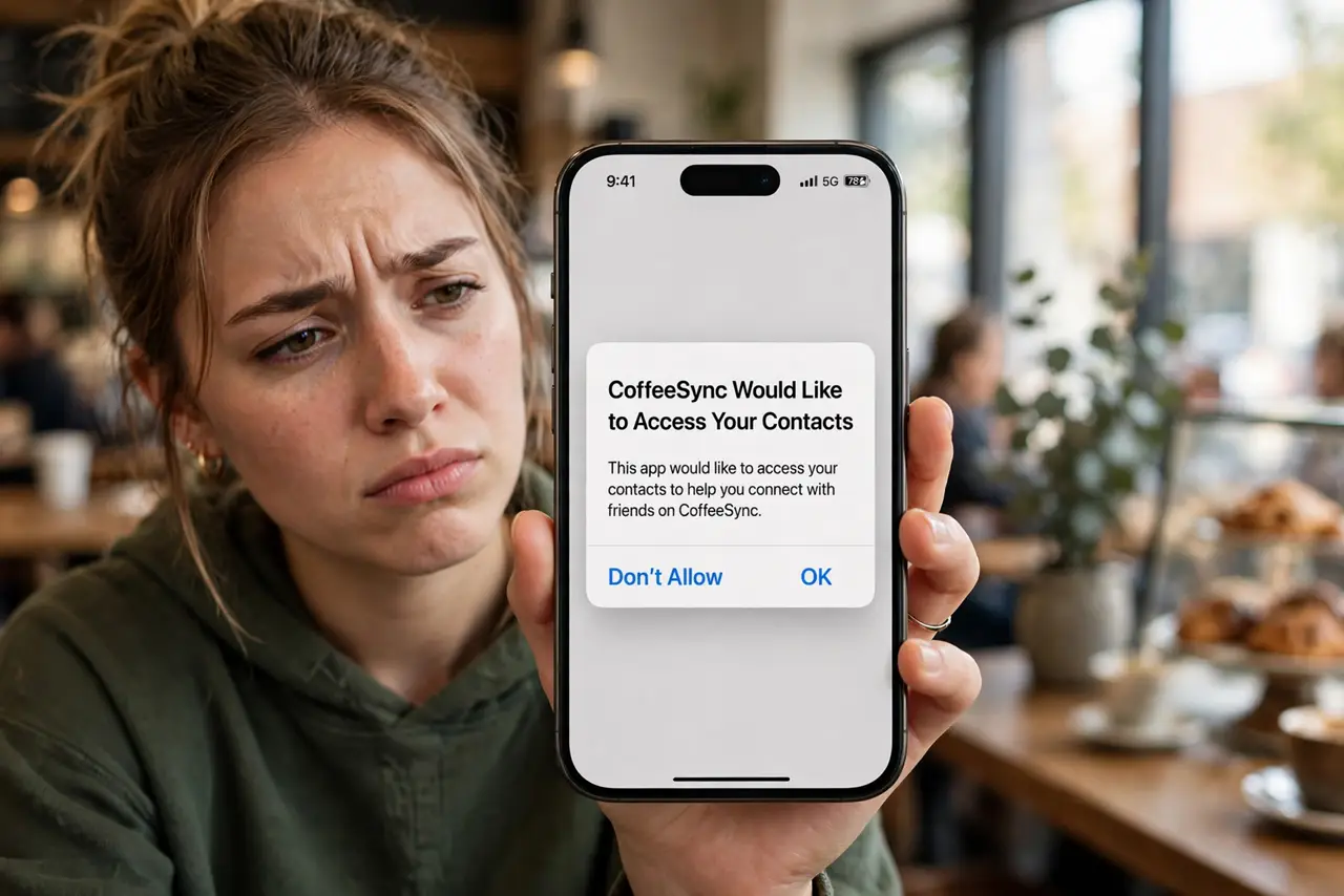 A person holding a real iPhone showing the legible contacts permission prompt from an app, the person's face skeptical, coffee shop.