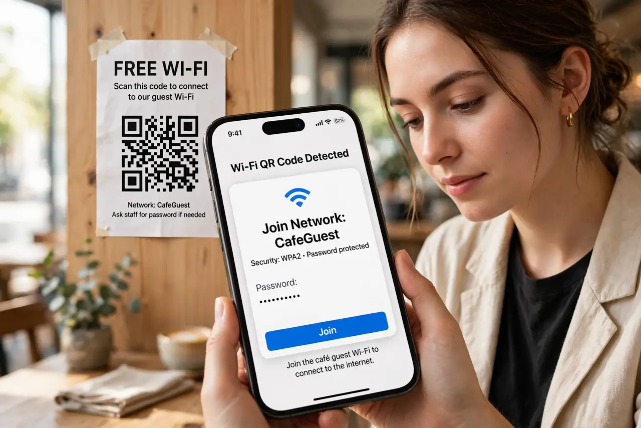 Photoreal photo of a person performing the first step: Understand what a Wi-Fi QR code contains. It encodes your network name (SSID), password, and security type in plain text — anyone who scans it can rea...
