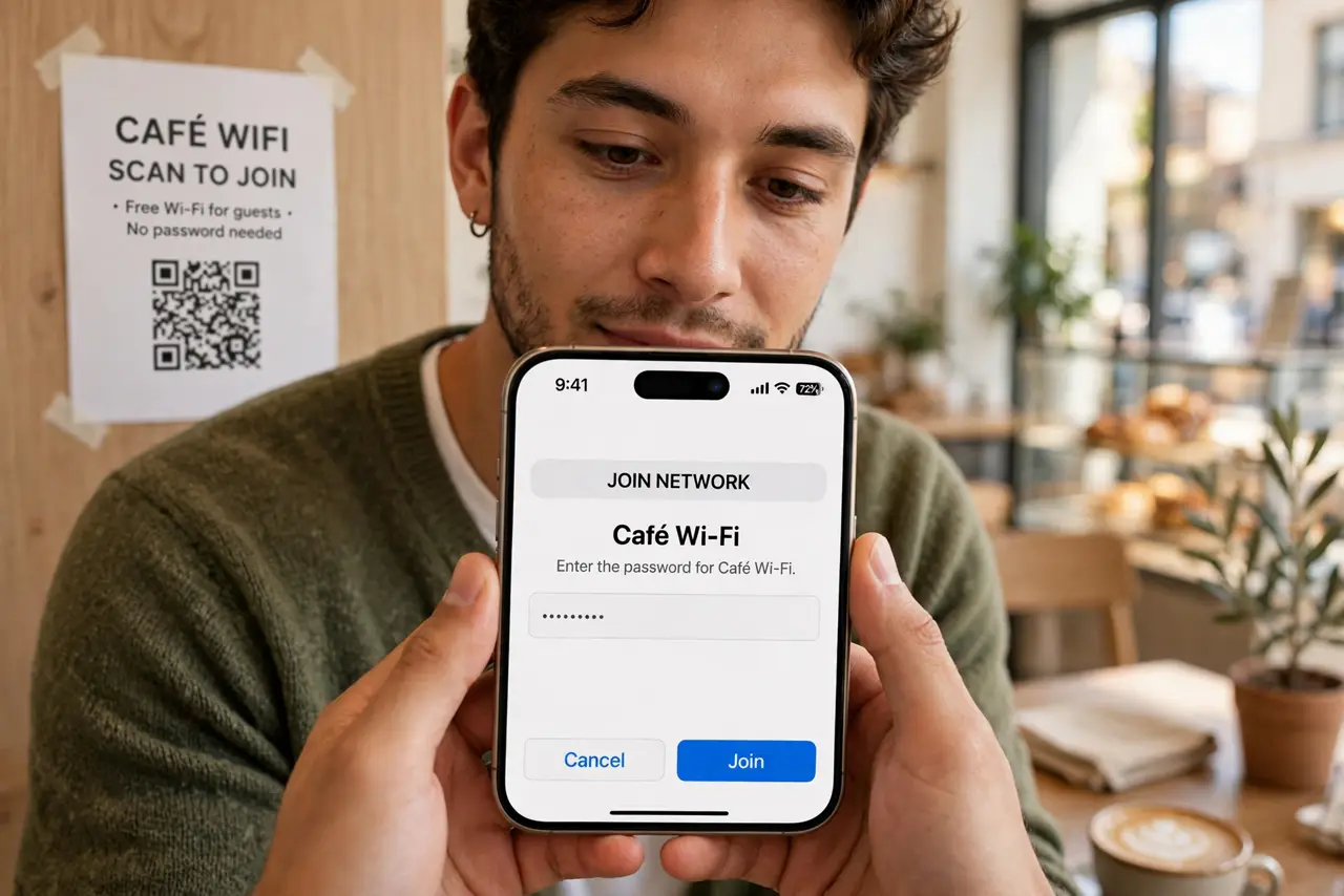 Photoreal photo: a cautious person in a café holding a real iPhone aimed at a printed Wi-Fi QR code on the wall, the phone screen showing a legible join-network prompt, the person's face careful but curious. No black scr