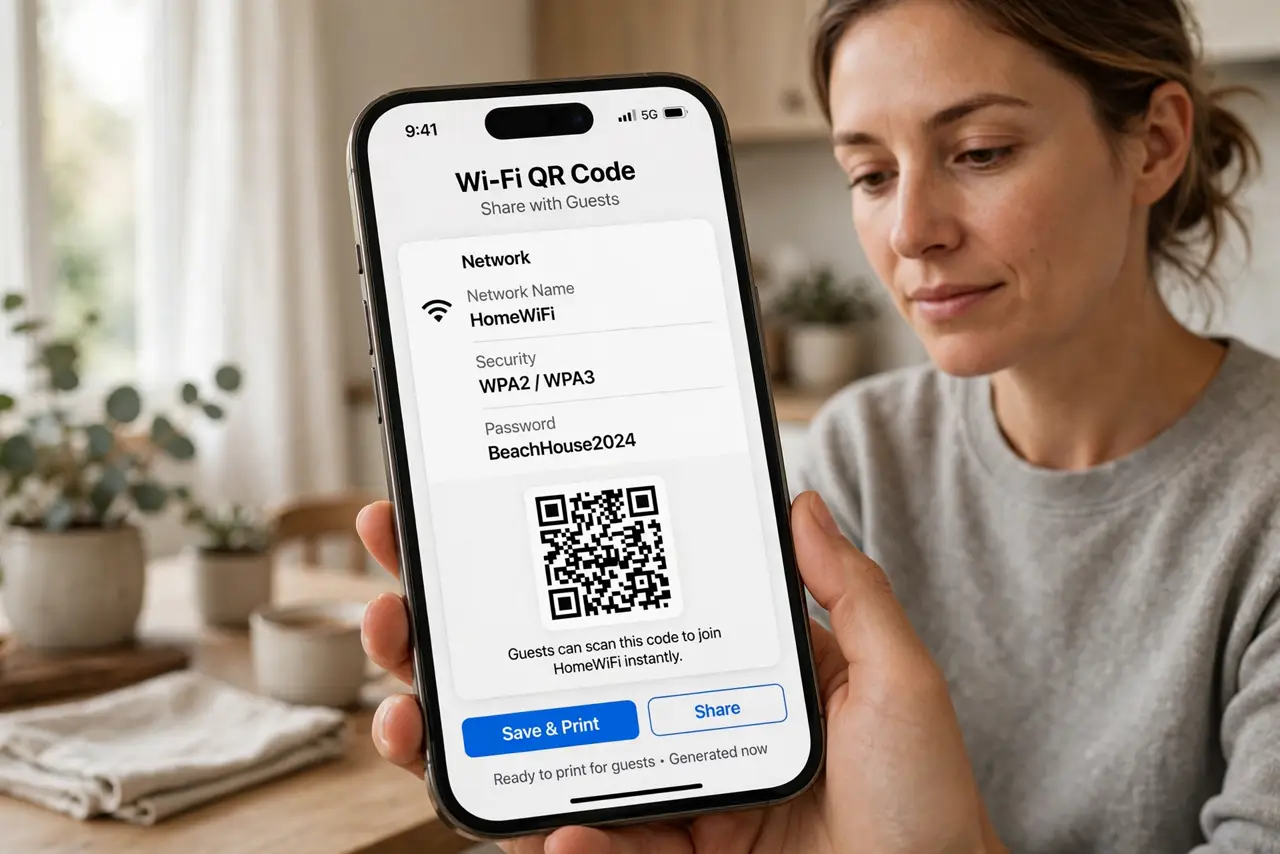 Photoreal photo of a person performing the first step: Use a Wi-Fi QR code. Generate a QR code encoding your network name and password (your router app or a free generator), print it, and stick it where gu...